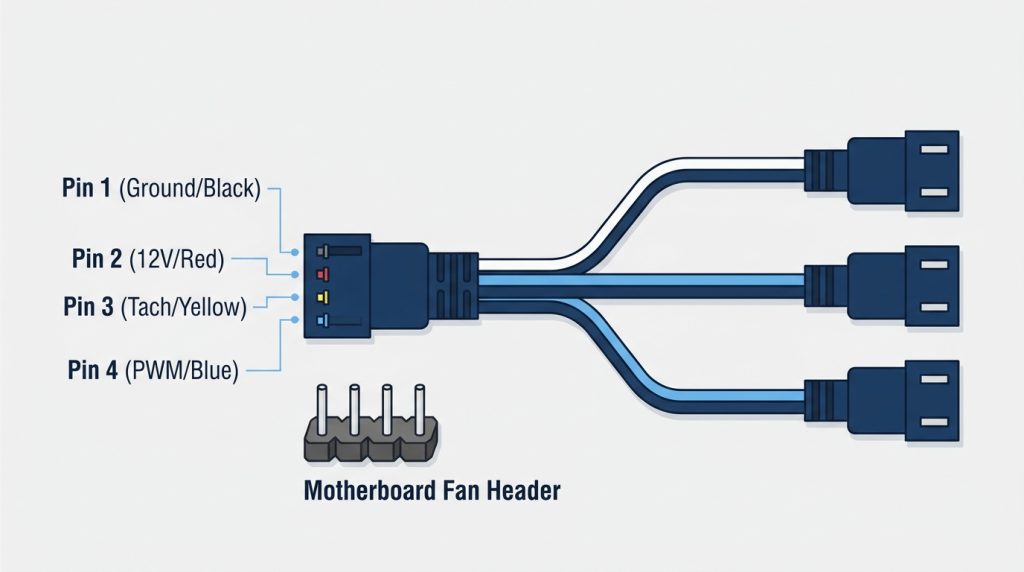 4-pin PWM fan splitter on a motherboard header showing ground, 12V, tach and PWM pins