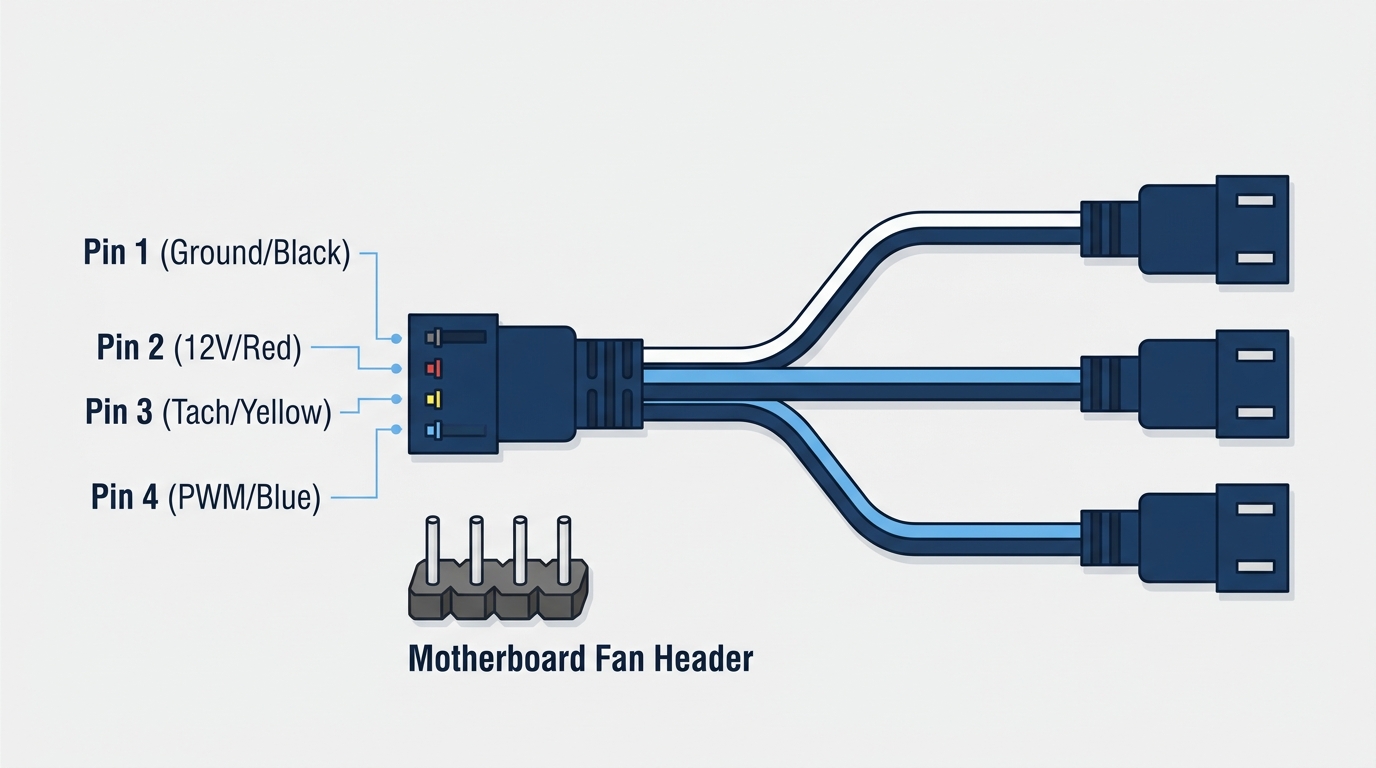 A 4-pin PWM fan splitter cable plugged into a motherboard header, showing the ground, 12V, tach, and PWM pins.
