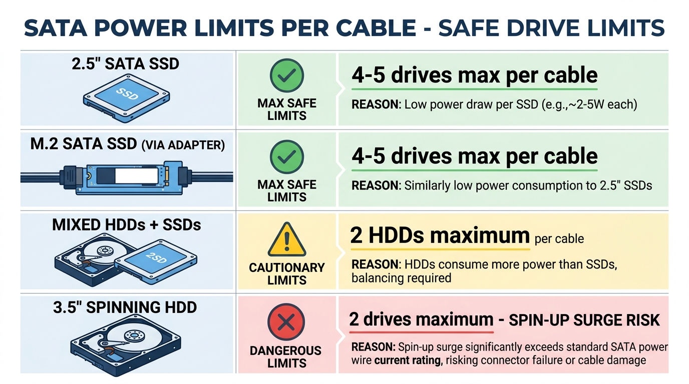 SATA cable maximum drive limits by type 2.5 inch SSD HDD spin-up surge safety