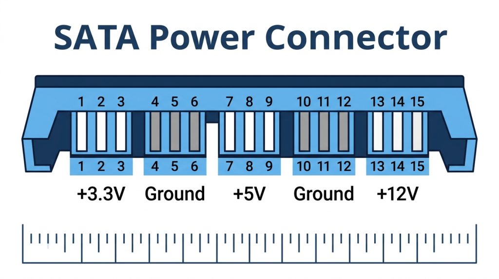 15-pin SATA power connector labeled with +3.3V +5V +12V voltage rails and pins