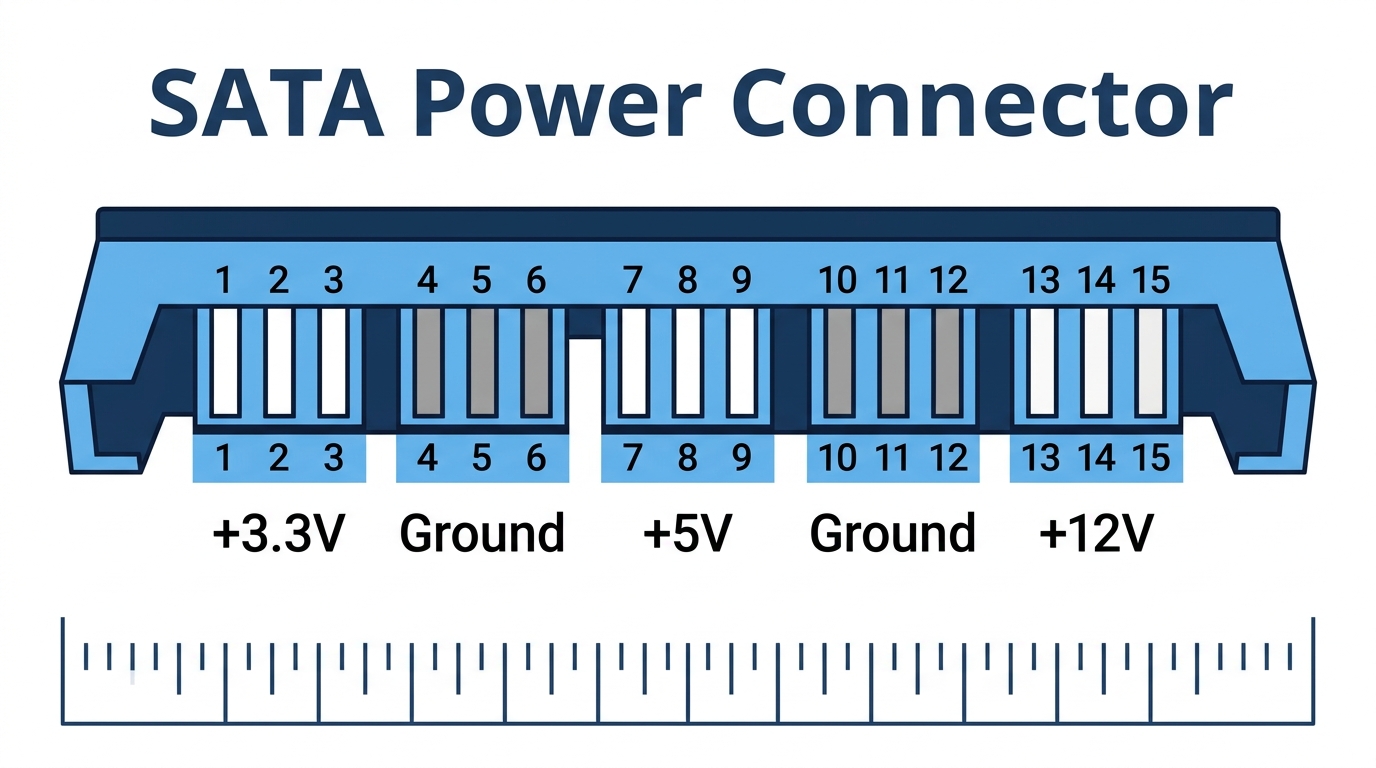 15-pin SATA power connector labeled with +3.3V +5V +12V voltage rails and pins