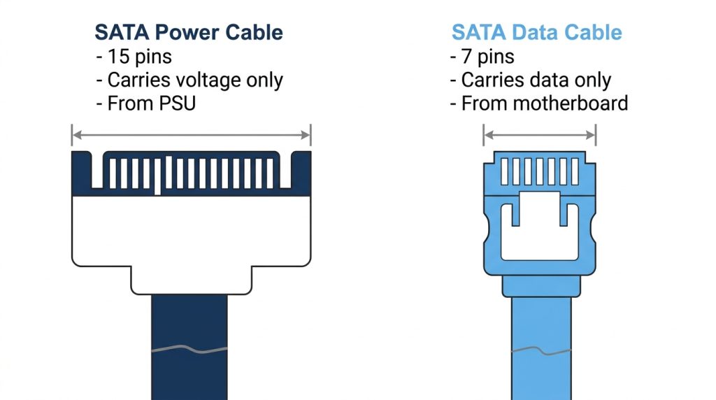 SATA power cable 15-pin versus SATA data cable 7-pin side-by-side comparison