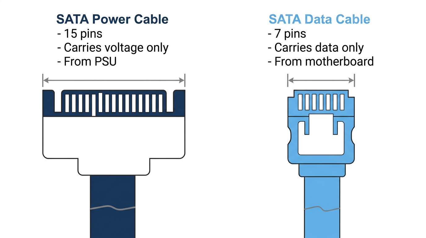 SATA power cable 15-pin versus SATA data cable 7-pin side-by-side comparison