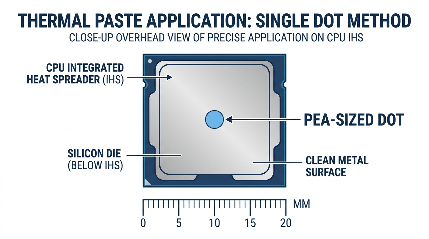 A pea-sized dot of gray thermal paste centered on a CPU's bare integrated heat spreader.