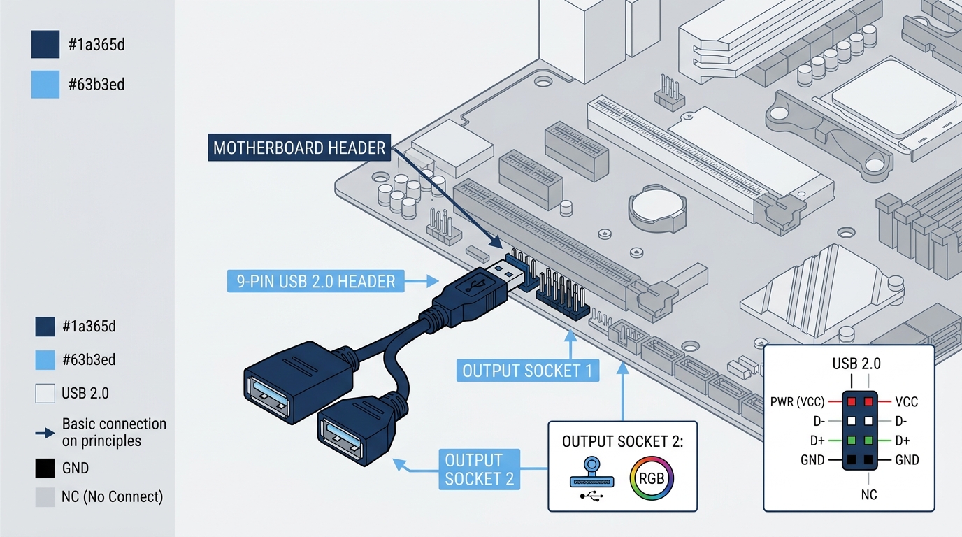 USB header splitter cable connected to motherboard 9-pin USB 2.0 header with labeled output connectors