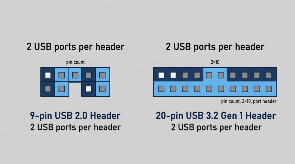 USB 2.0 9-pin header and USB 3.2 Gen 1 19-pin header physical layout comparison diagram