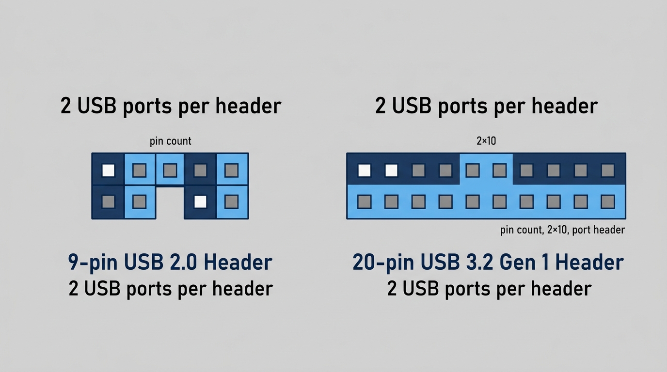 USB 2.0 9-pin header and USB 3.2 Gen 1 19-pin header physical layout comparison diagram