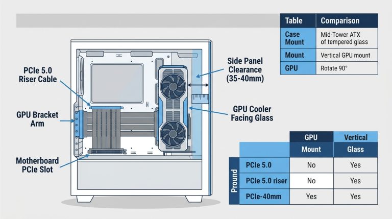 vertical GPU mount PCIe 5.0 riser cable bracket installation mid-tower case