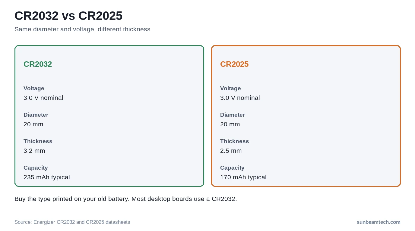 CR2032 versus CR2025 coin cell comparison: both 3 V and 20 mm wide, CR2032 is 3.2 mm thick, CR2025 is 2.5 mm