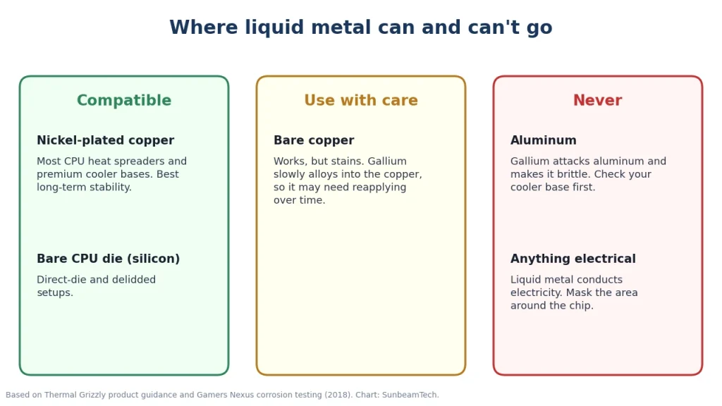 Liquid metal compatibility chart: nickel-plated copper and bare die compatible, bare copper use with care, aluminum and electrical components never